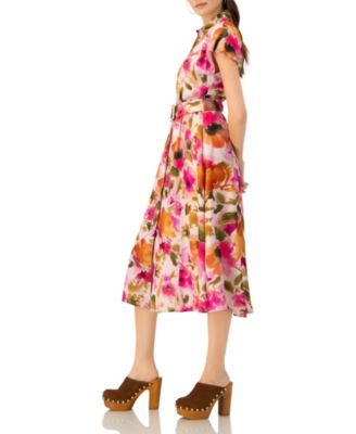 Women's Midi Belted Floral Print Shirt Style Dress
