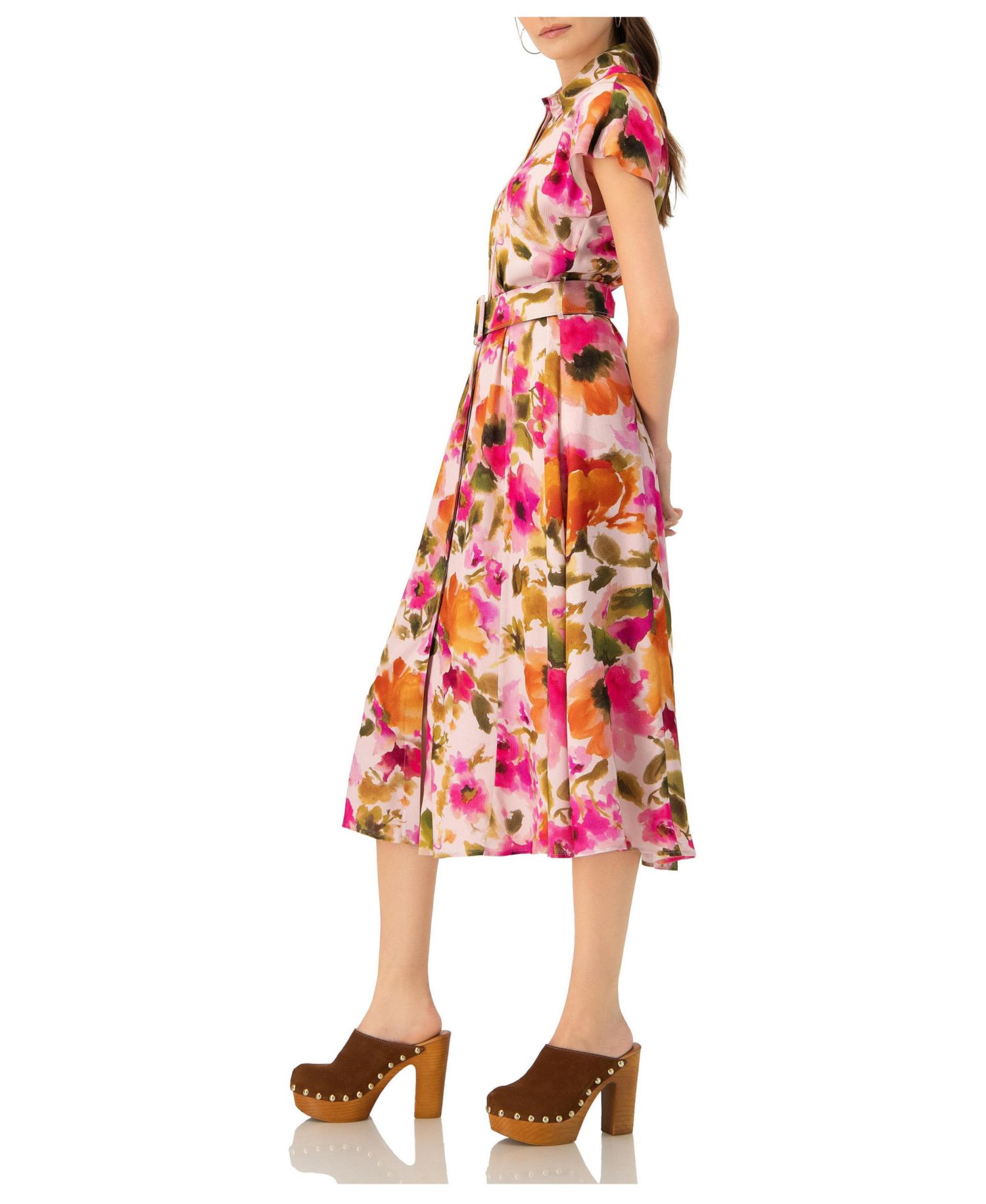 Women's Midi Belted Floral Print Shirt Style Dress