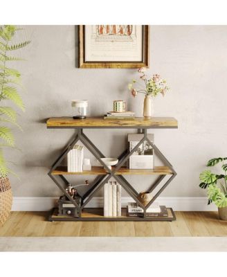 3-Tier Industrial Entryway Table with Diamond-Shaped Metal Frame, Open Shelf Console Sofa Table for Living Room, Hallway, Foyer Storage