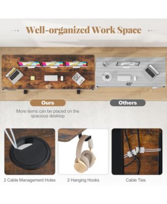 Electric Standing Desk with 3 Memory Heights and 2 Hanging Hooks and Cable Holes-Rustic