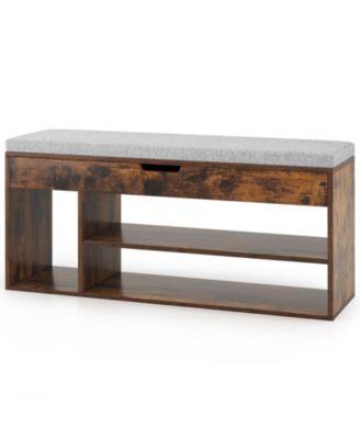 Padded Shoe Bench with Hidden Storage and 3 Open Shelves