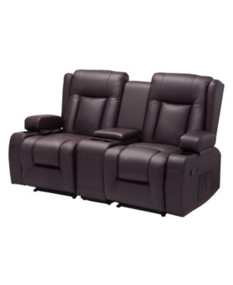 Faux Leather Manual Reclining Loveseat with Center Console, USB and Cup Holders