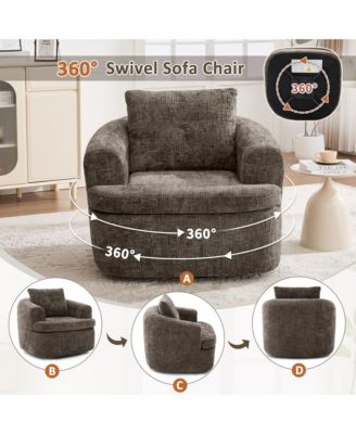 Chenille Fabric 360degree(s) Swivel Round Chair, 36.6" Accent Barrel Sofa Chair with Dual-Layer Cushion for Living Room
