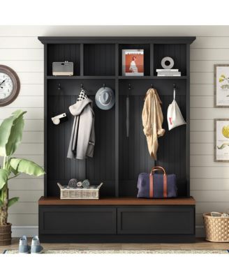 Farmhouse Hall Tree, Versatile Coat Rack with Wood Grain Bench, 6 Hooks and 2 Storage Drawers, Entrance Organizer for Hallway, Living Room