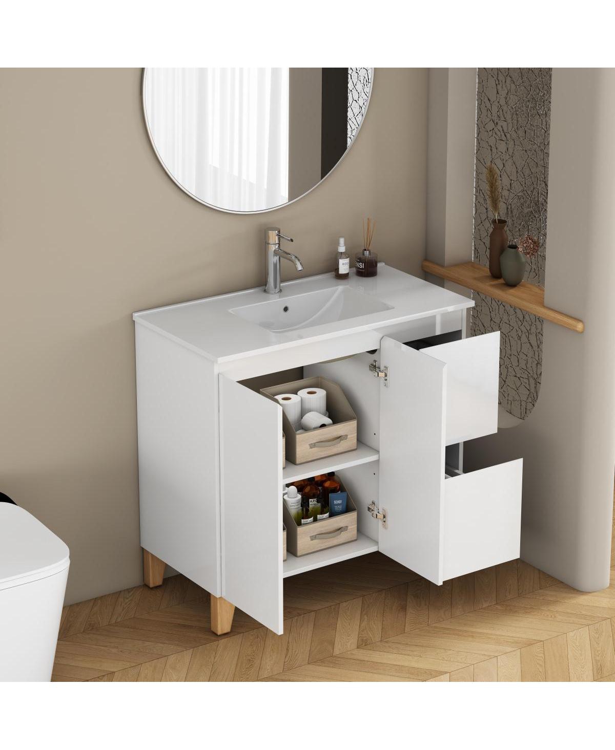 Sillysis Inch Bathroom Vanity with Sink, Glossy Storage Cabinet, Soft Close Drawer