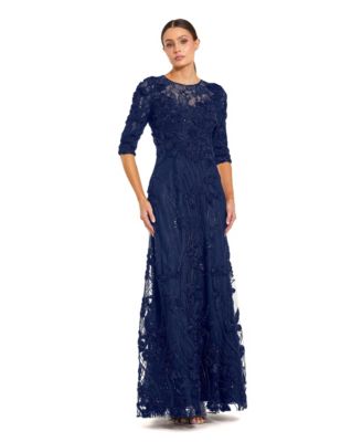 Women's High Neck Embellished Lace Gown with 3/4 Sleeves