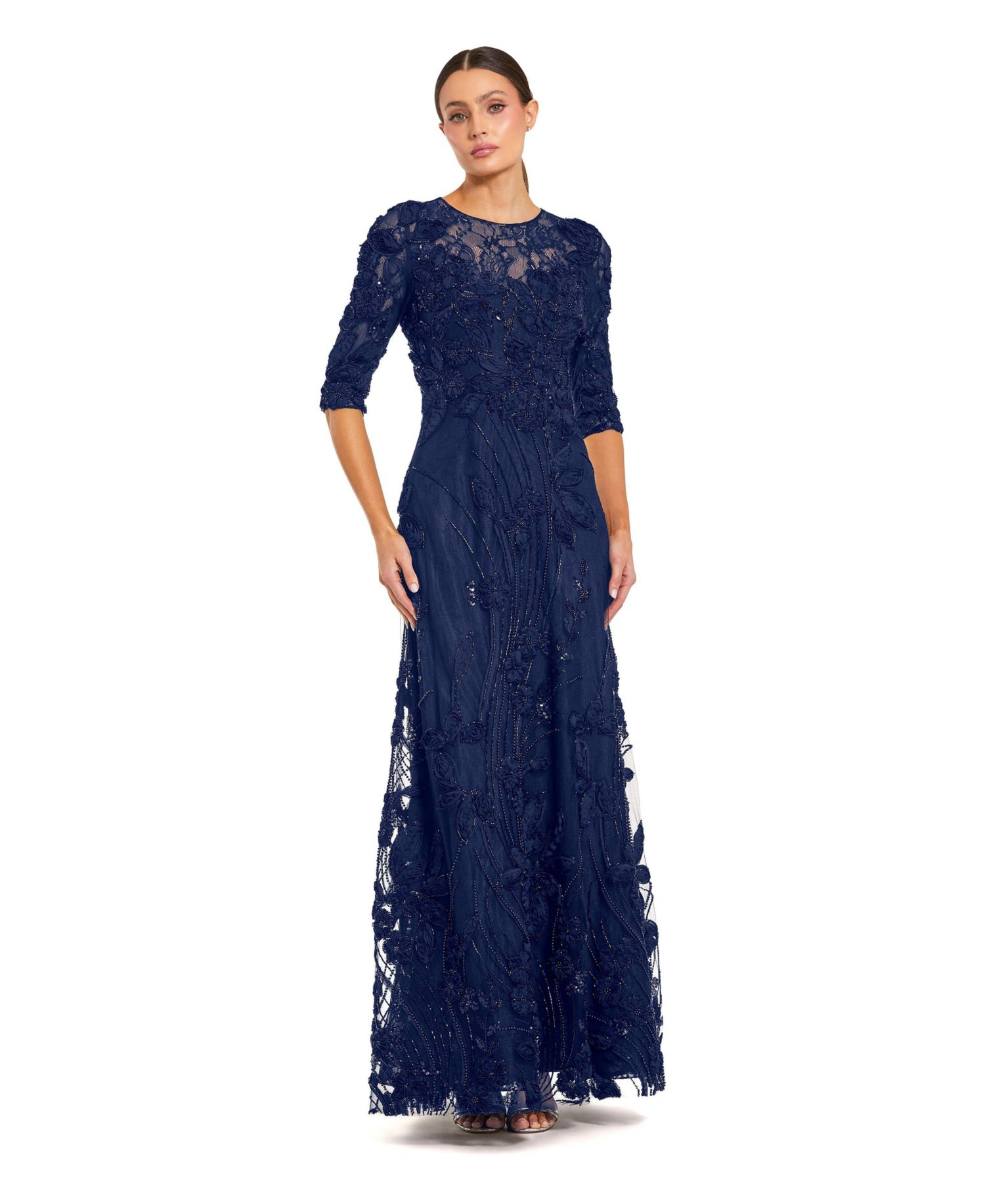 Women's High Neck Embellished Lace Gown with 3/4 Sleeves
