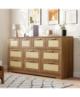 Modern Farmhouse 10 Drawer Rattan Dresser Storage Chest with Metal Handles.