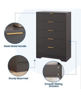 Bedroom 31.5" Tall Dresser, 5 Drawer Chest of Drawers, Engineered Wood Storage Cabinet with Gold Handles.