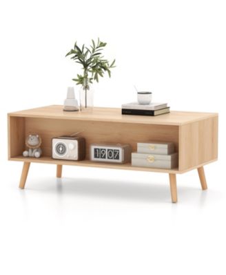 Rattan Coffee Table Mid Century Modern Center Table with 2 Storage Drawers-Natural