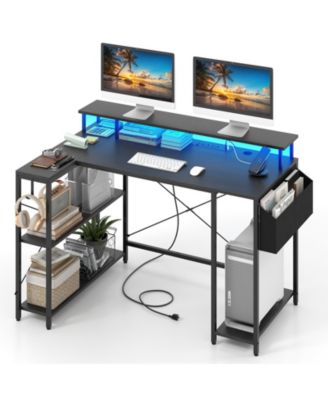 L-Shaped Gaming Desk with LED Lights and Built-In Power Outlets, Corner Workstation