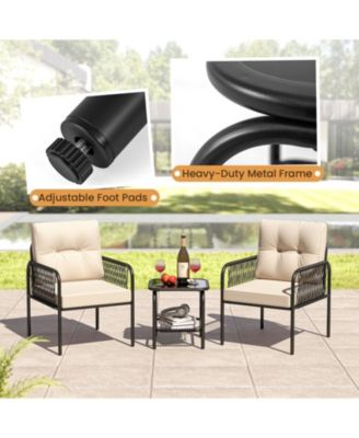 3-Piece PE Wicker Patio Bistro Set with Cushions and Glass Coffee Table