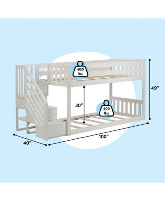 Solid Wood Twin over Twin Low Bunk Bed for Kids with Staircase