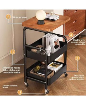 3-Tier Rolling Cart w/Wooden Tabletop, Utility Cart w/Lockable Wheels, Multipurpose Storage Organizer Trolley for Kitchen, Office, Bedroom