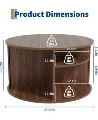 28" Round Coffee Table with Storage, Mid Century Modern Fluted Accent Table with Sliding Tambour Door for Living Room