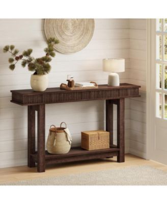 Farmhouse Fluted Console Table, 2 Tier Wooden Entryway Table with Shelf Storage, Rectangular Narrow Sofa Table Behind Couch