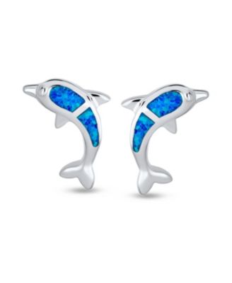 Hawaiian Created Blue Opal Inlay Nautical Dolphin Stud Earrings .925 Sterling Silver