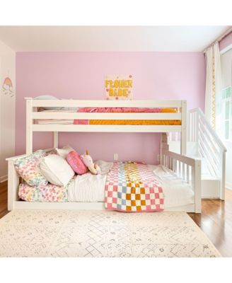 Wooden Twin over Full Low Bunk Bed for Kids with Staircase