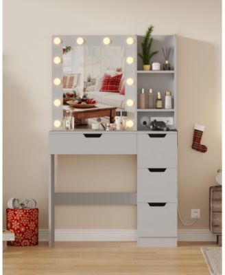 Vanity Desk with Mirror and Lights, 4 Drawers, Built-in Power Outlet and USB, Adjustable LED Lighting, Makeup Table for Bedroom