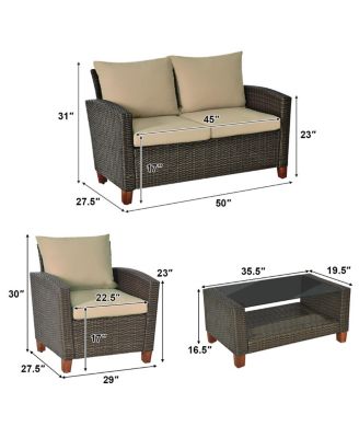 4PCS Patio Rattan Furniture Set Solid Wood Leg Cushioned Sofa Garden Lawn