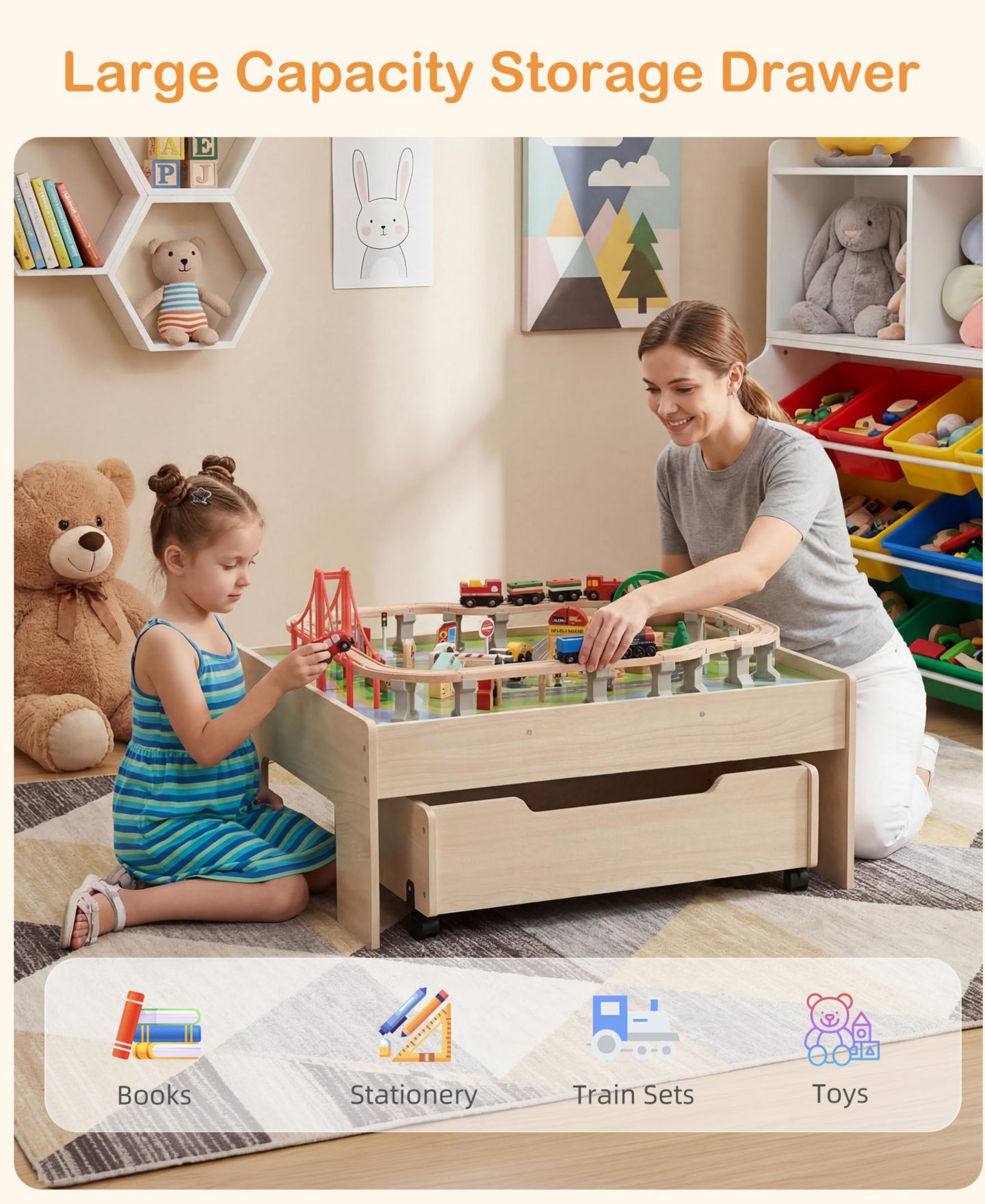Детские игрушки SUGIFT 100-Piece Multicolor Wooden Kids Activity Table, 3-in-1 Wooden Train Set with Rolling Storage Drawer, Creative Toy Set for Kids Ages 3+, цвет: Натуральный — фото 8