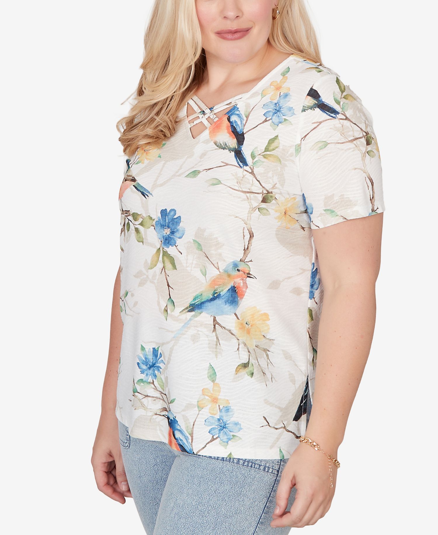 Petite Out of the Blue Chickadees Embellished V-Neck T-Shirt