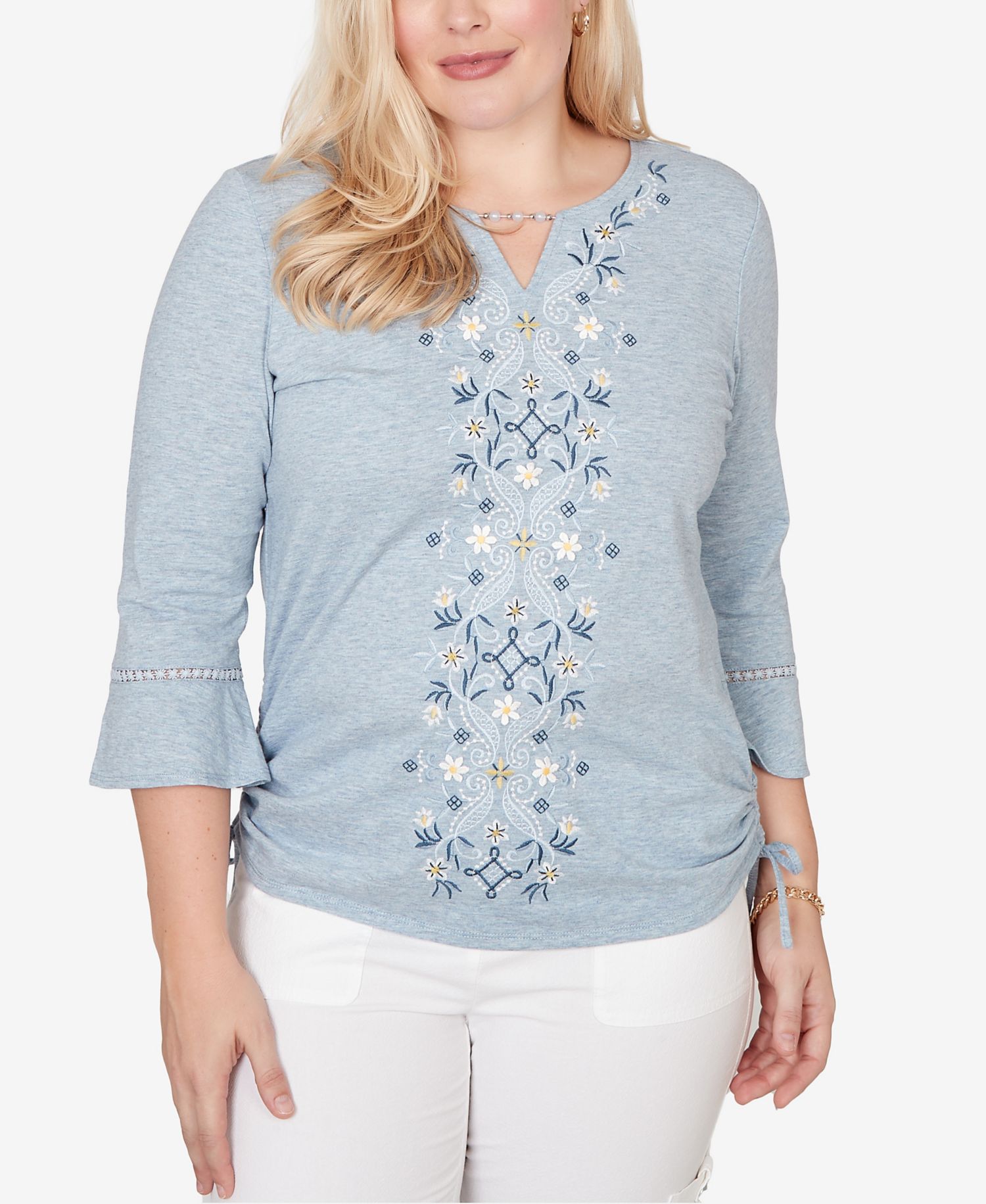 Petite Out of the Blue Center Scroll Embroidered Side-Tie Split Neck Top