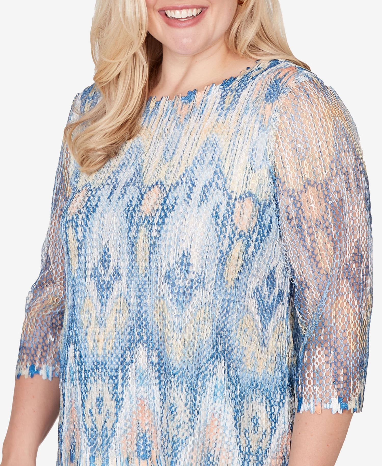 Petite Out of the Blue Dramatic Ikat Scallop Trim Crewneck Top