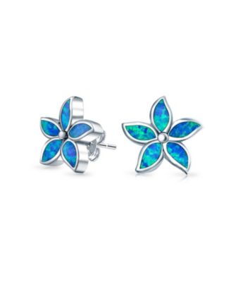 Created Blue Opal Inlay Petals Flower Stud Earrings .925 Sterling Silver