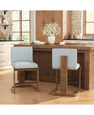 Modern Bar Stools Set of 2, 24" Solid Wood Counter Height Chairs with Linen Upholstered Seat for Kitchen Island, Home Bar