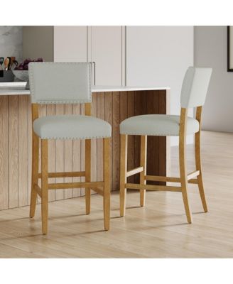 Set of 2 Fabric Upholstered Wood Frame Counter Height Barstools with Rivet Decor