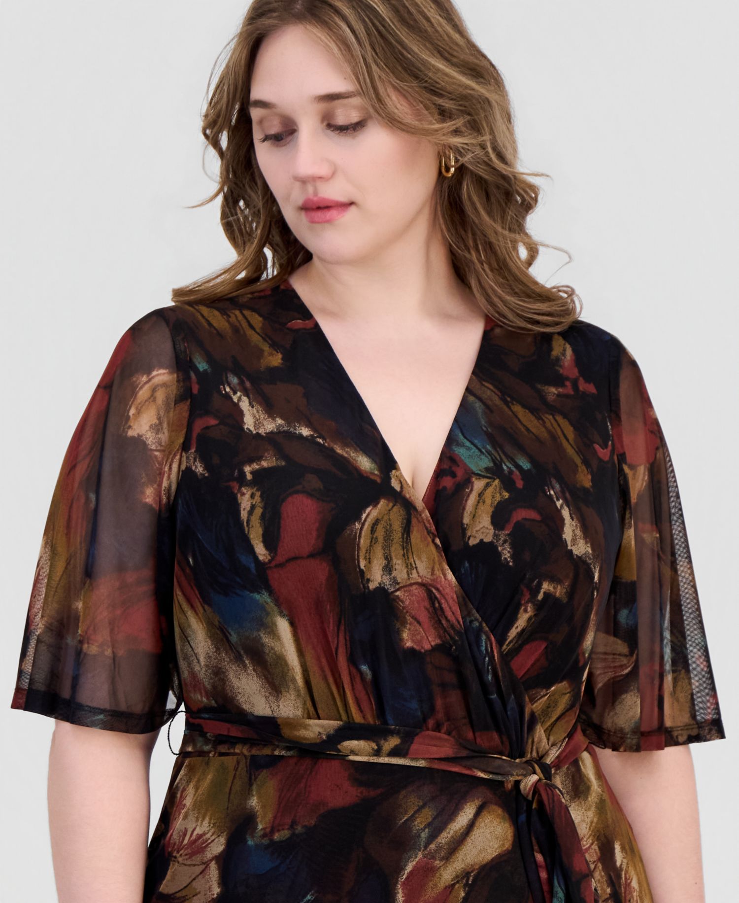 Plus Size Printed Flutter-Sleeve Faux-Wrap Midi Dress