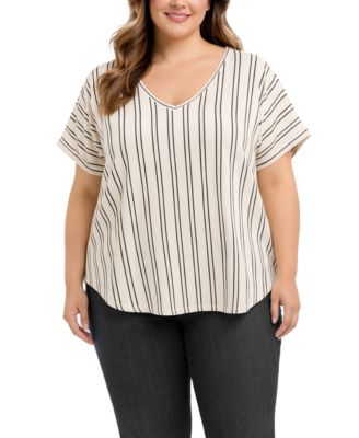 Plus Size Cotton Vertical Stripe V-Neck Top