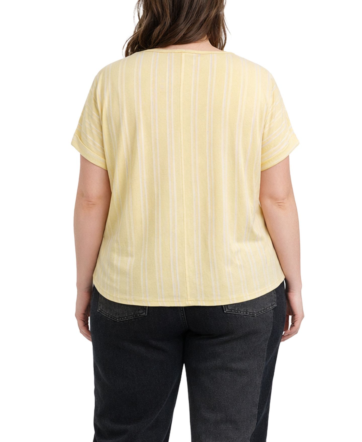 Женский топ COIN 1804 Plus Size Vertical Stripe Rolled-Sleeve, цвет: Жёлтый / Натуральный — фото 5