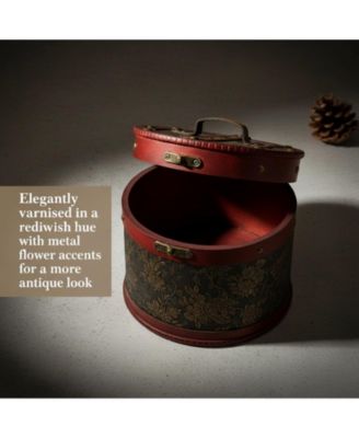 Vintage Cylindrical Wooden Trinket Box Lock Top Handle Round Storage Chest