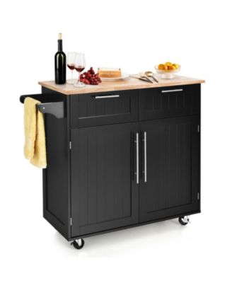 Rolling Kitchen Island Cart with Rubber Wood Top, Drawers, and Cabinet