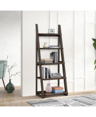 Ladder Bookshelf - 5-Tier Rubber Wood Frame Bookcase, Storage Rack for Living Room, Home Office