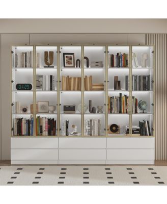 Display Cabinet with 2 Glass Doors and Lights, 4-Tier Storage Shelves and 2 Drawers