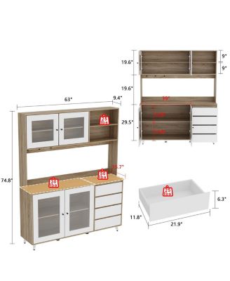 Large Kitchen Hutch Cabinet, Storage Cupboard Pantry with 4 Glass Doors, 4 Drawers and Microwave Shelf, Buffet,Sideboard