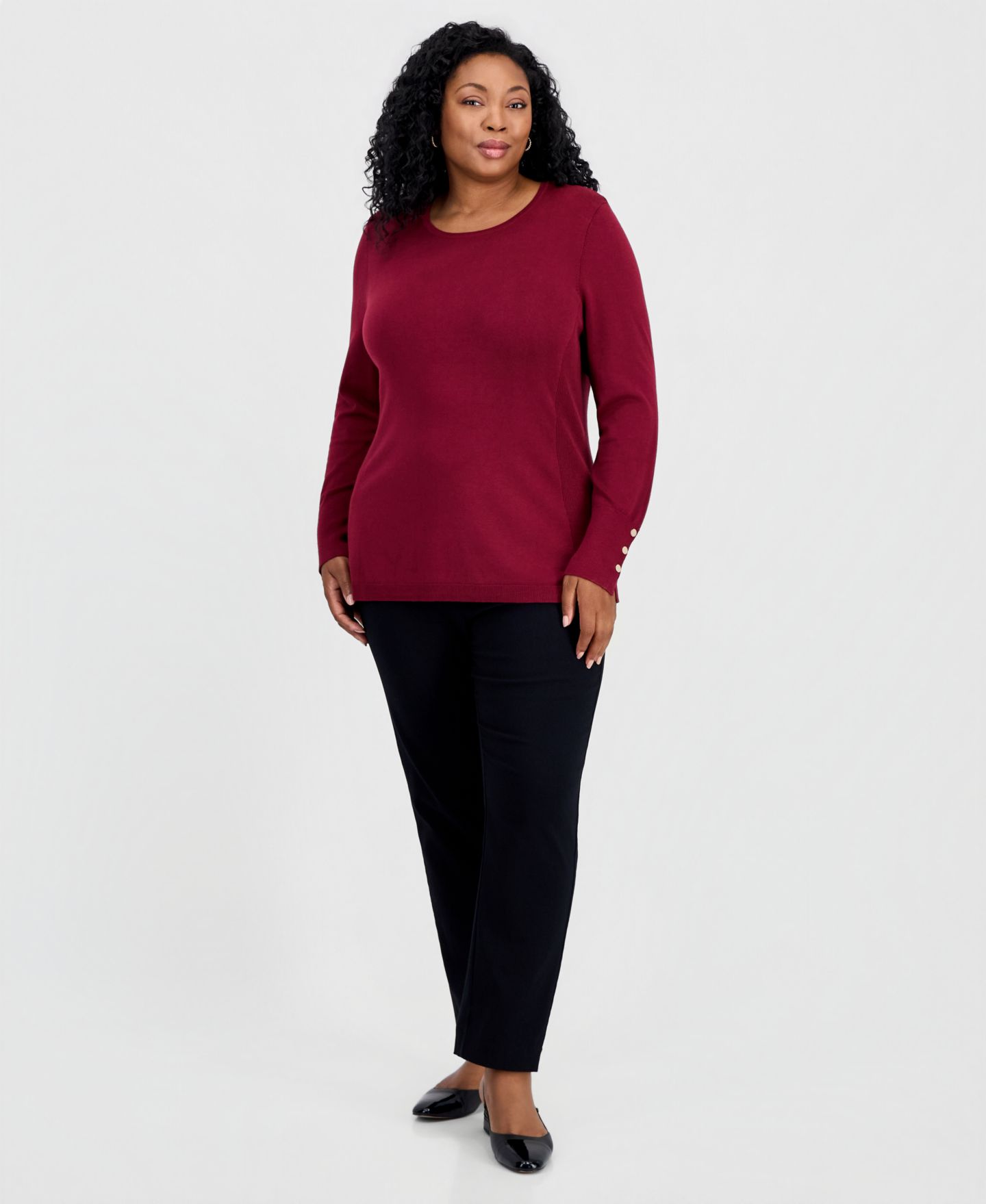 Женский свитер JM Collection Button-Sleeve Crewneck, цвет: Вишнёвый — фото 2