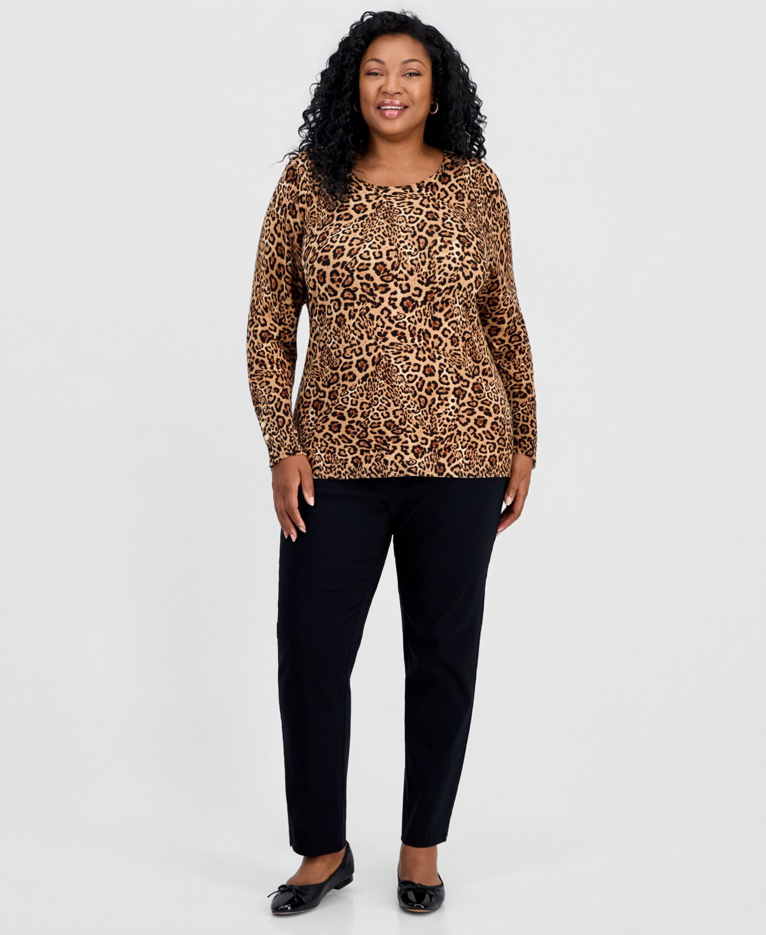 Petite Bold Leopard Long-Sleeve Crewneck Sweater