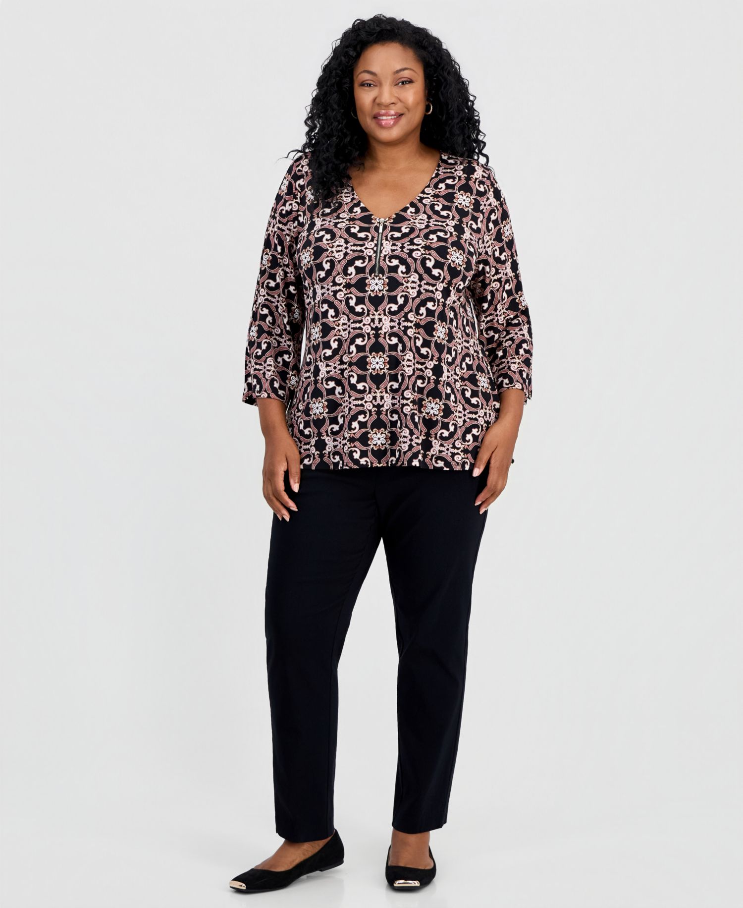 Petite Paisley Scarf V-Neck 3/4-Sleeve Blouse
