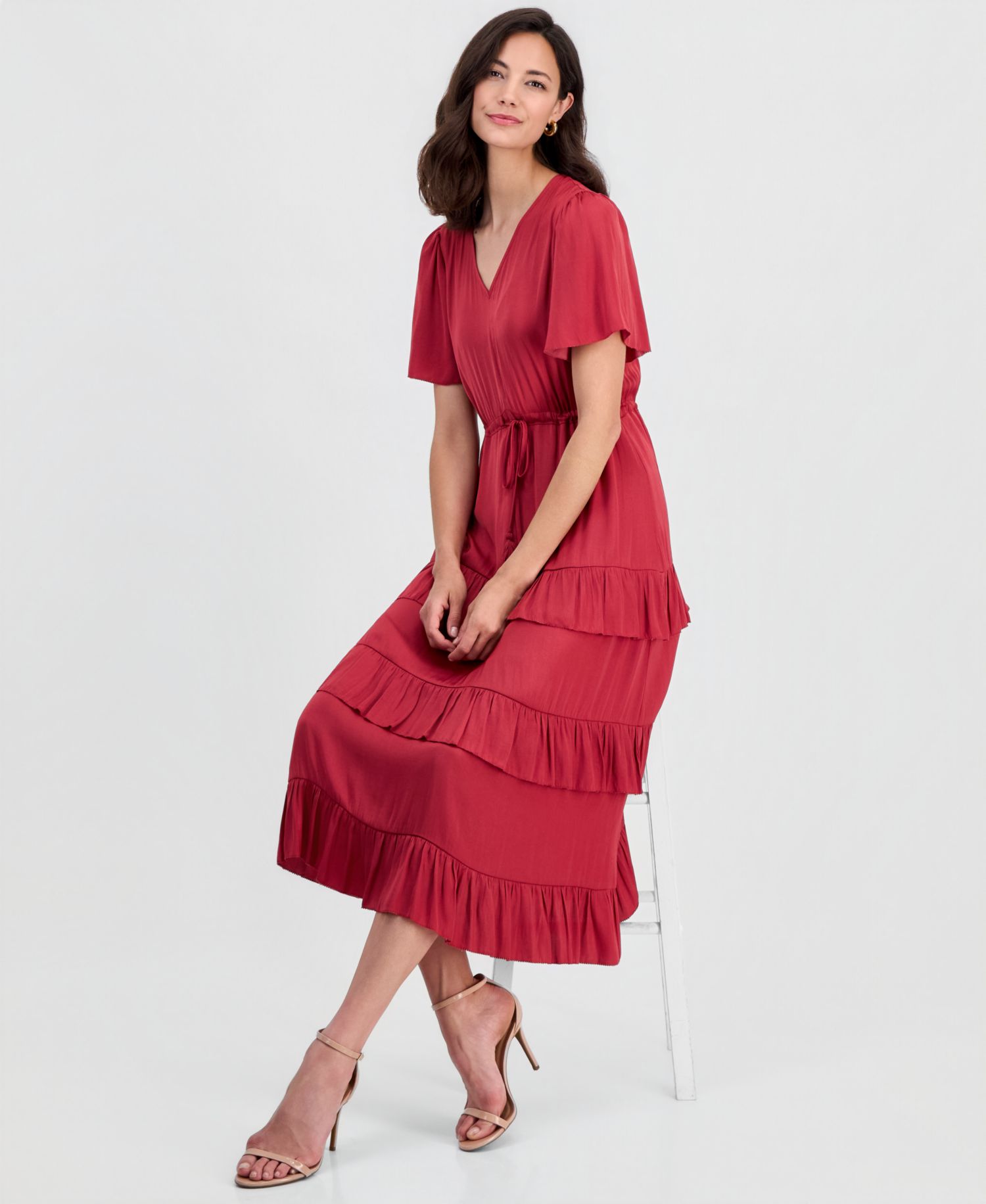 Women's V-Neck Short-Sleeve Tiered-Ruffle Dress