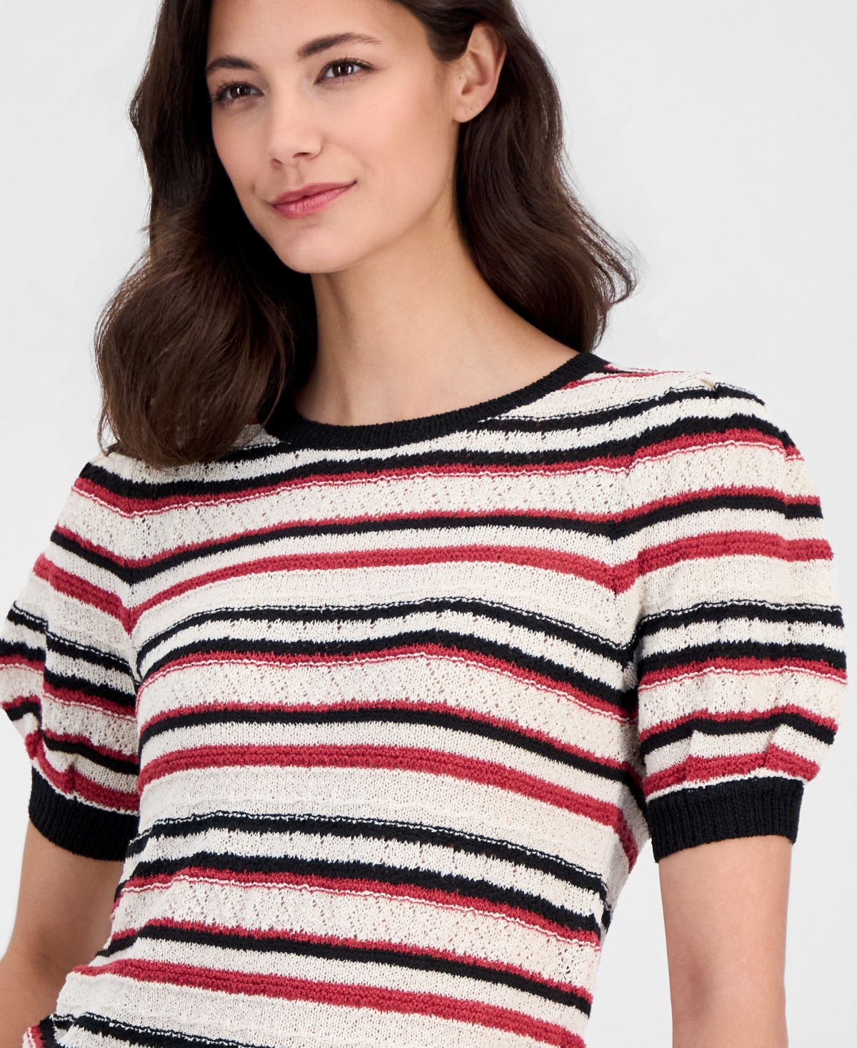 T Tahari Women's Striped Puff-Sleeve Pointelle-Knit Top