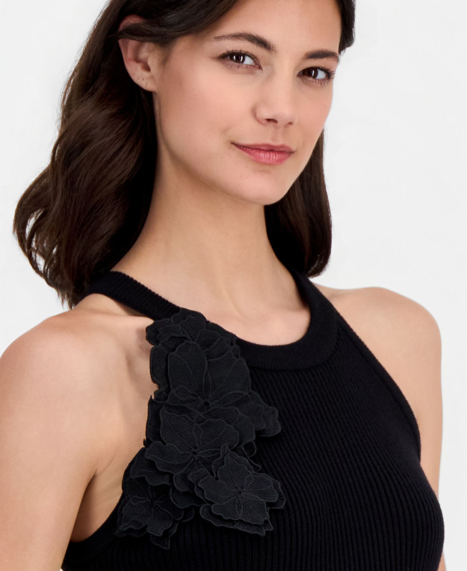 Women's Round-Neck Floral-Appliqu&eacute; Rib-Knit Top