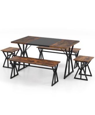 5-Piece Industrial Dining Room Set Rectangular Kitchen Table with 2 Benches and 2 Stools