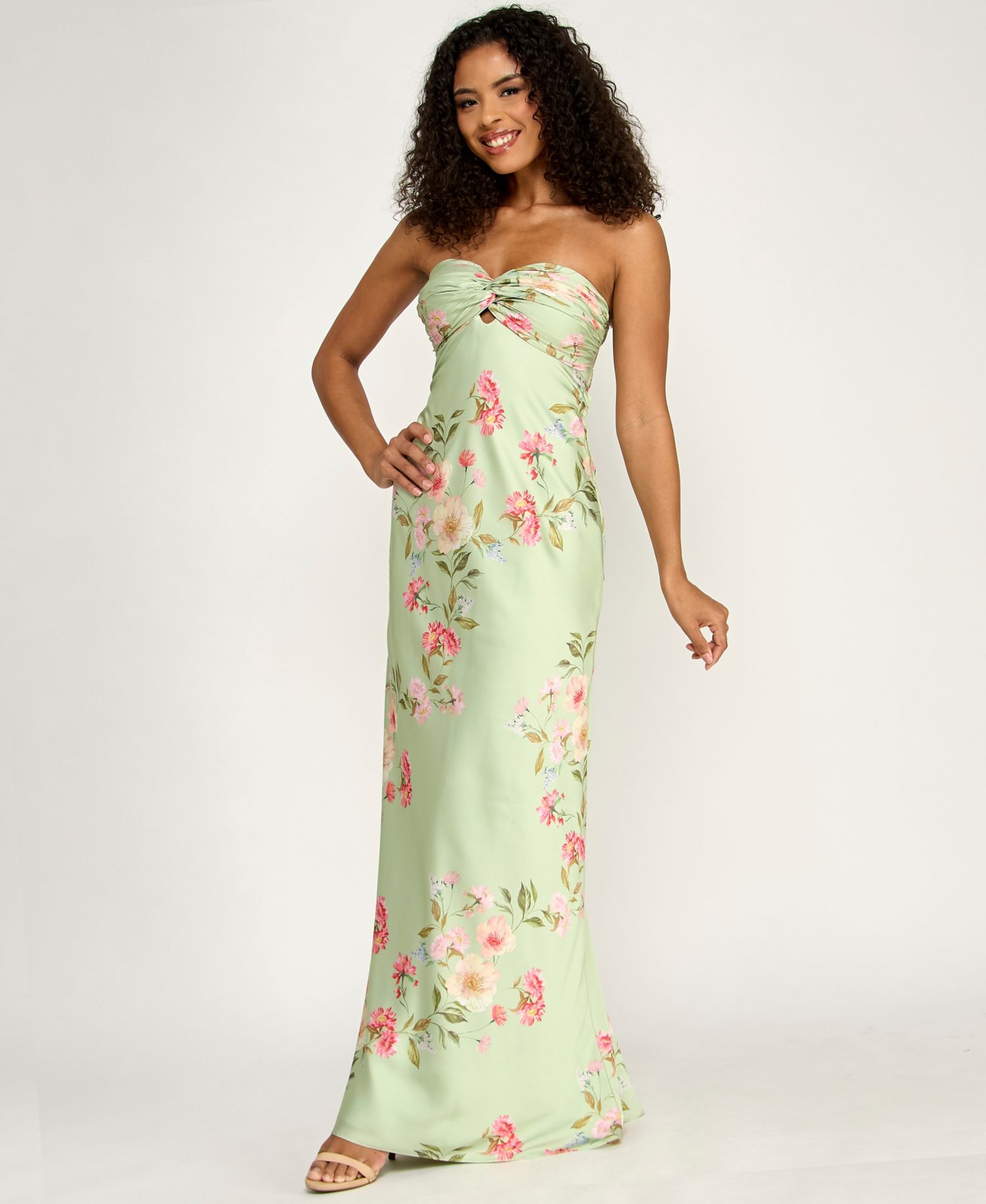 Juniors' Floral Print Strapless Gown