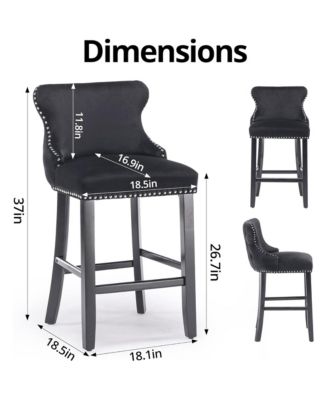 Velvet Wingback Bar Stools Set of 2, Counter Height Chairs with Solid Wood Legs, Button Tufted and Nailhead Trim for Kitchen Island