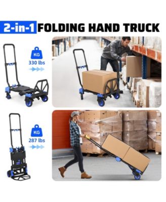 2-in-1 Folding Hand Truck and Platform Cart w/ 330 lb Capacity, Convertible Dolly with Foldable Basket and Bungee Cords, Portable Luggage Cart