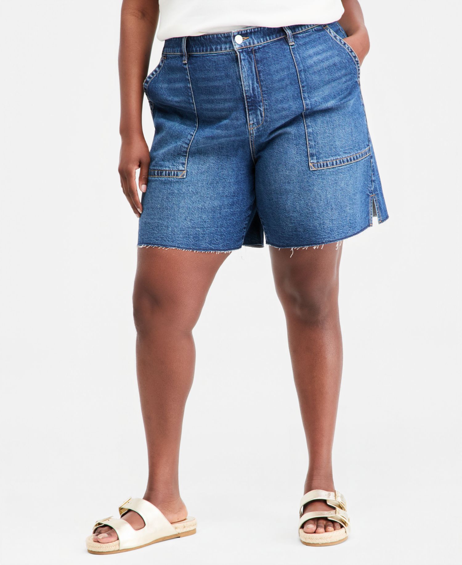 Plus Size High Rise A-line Denim Utility Bermuda Shorts